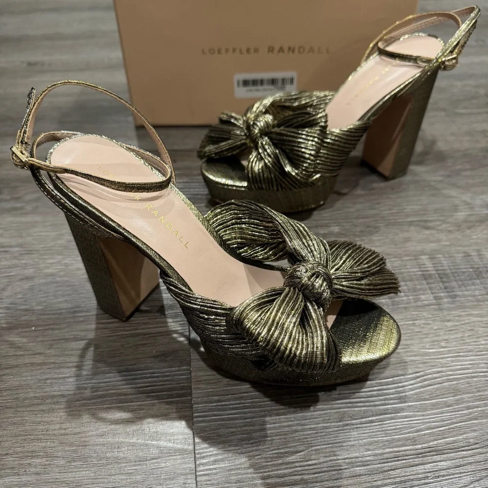 Loeffler Randall Natalia Fabric Pleated Bow Gold Platform Sandal Heels